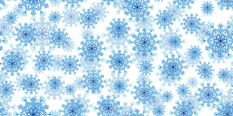 Winter seamless pattern with blue snowflakes on white background. Vector illustration for fabric, textile wallpaper, posters, gift wrapping paper. Christmas vector illustration. Falling snow