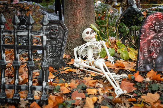 Skeleton in Grave Yard Scary Halloween Decorations in Front Yard