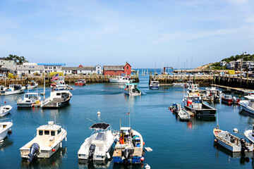 The harbor at Rockport, Maine., filled with boats and sunshine.
