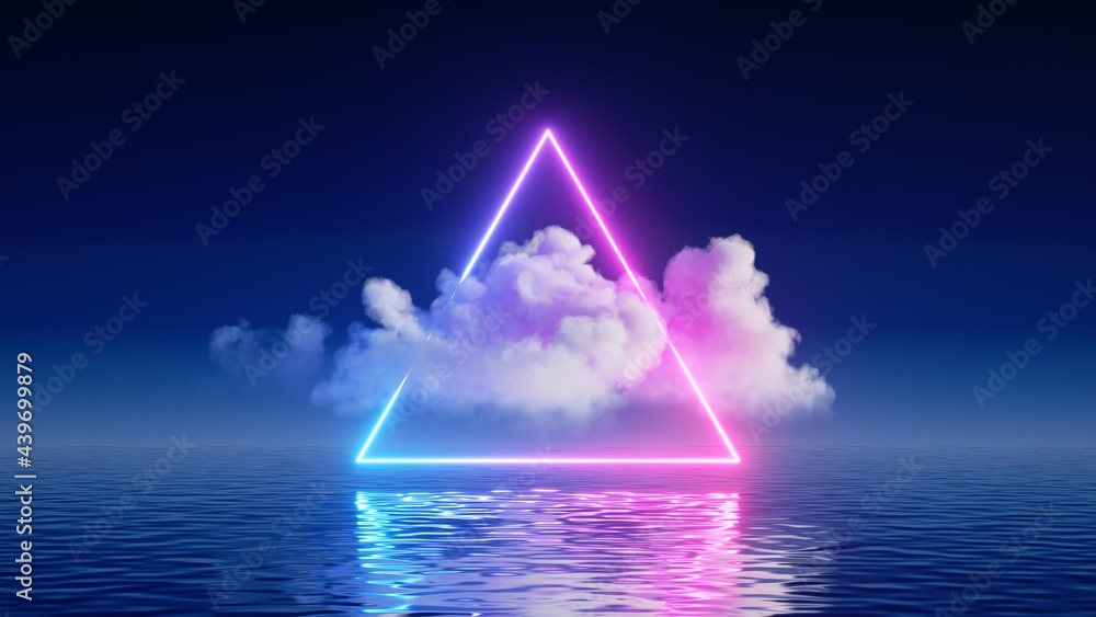 Poster 3d render, abstract background with white cloud levitates inside the glowing neon triangle, with ref
