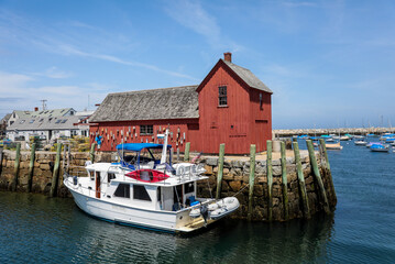 Old Red Lobster Shack in the harbor of Rockport, Massachusetts. 