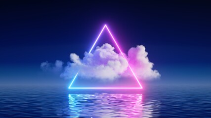 3d render, abstract background with white cloud levitates inside the glowing neon triangle, with reflection in the water. Minimal futuristic seascape - obrazy, fototapety, plakaty