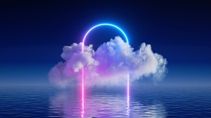 3d render, fantasy background with glowing neon arch portal and white cloud above the calm water....