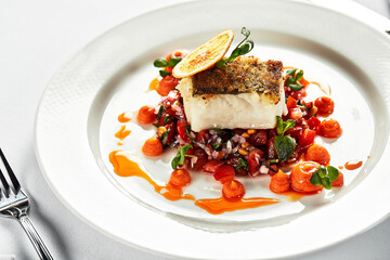 Fillet of pike perch on vegetables light plate, close-up, light background.