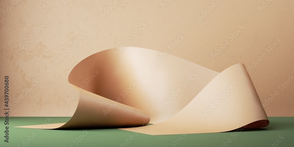 Poster 3d render, abstract simple background with folded paper ribbon