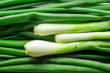 Fresh green onion feathers with white onions.