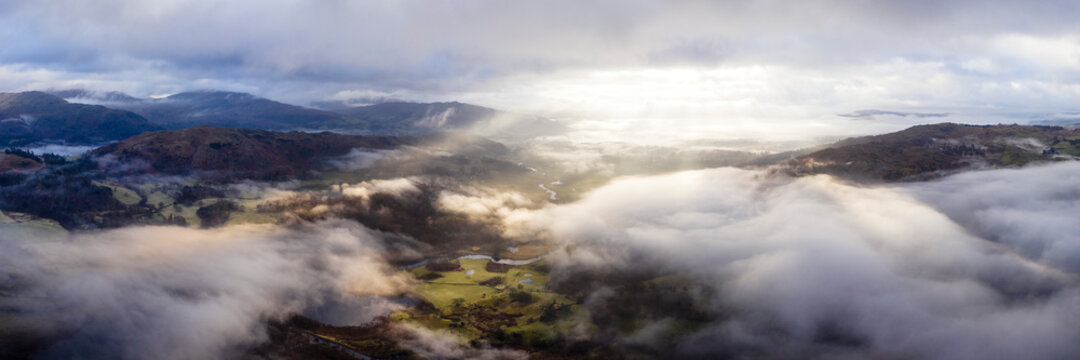 Skelwith Bridge and River Brathay cloud in version aerial lake district