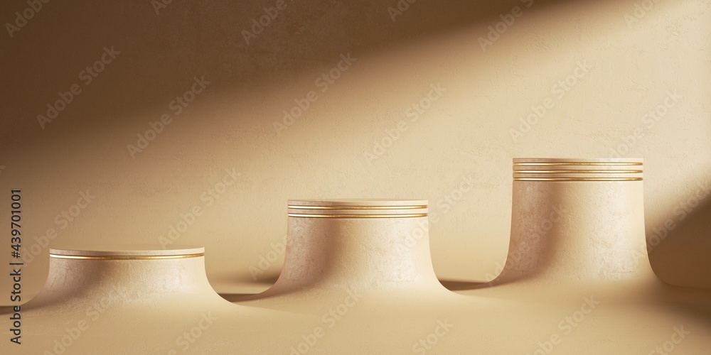 Poster 3d render, abstract beige background with empty cylinder podiums. modern minimal showcase scene illu
