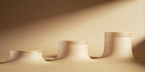 3d render, abstract beige background with empty cylinder podiums. Modern minimal showcase scene...