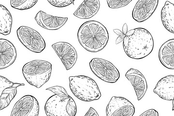 Seamless pattern of lemons and oranges, monochrome, vector