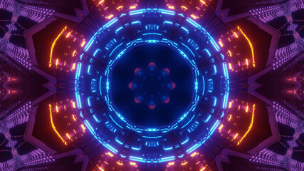 3D rendering of futuristic kaleidoscope patterns in neon blue and purple vibrant colors © Tunnelmotions/Wirestock