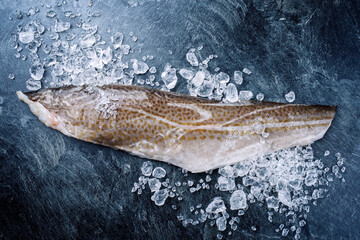 Raw Norwegian skrei cod fish filet with skin offered as top view with ice on a black board with...