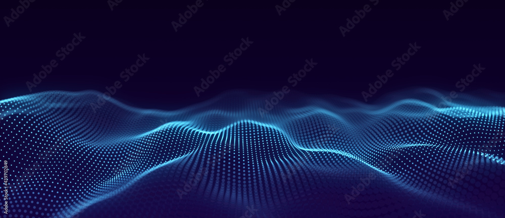 Poster abstract wave with moving dots. flow of particles. cyber technology illustration. 3d rendering