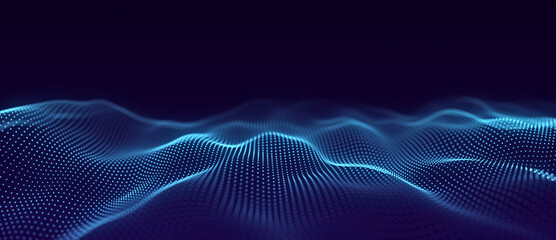 Abstract wave with moving dots. Flow of particles. Cyber technology illustration. 3d rendering