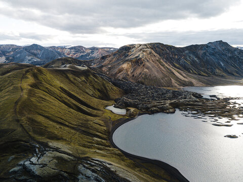 Drone / Aerial footage of Iceland's texture and colorful landscape in Landmannalaugar Iceland