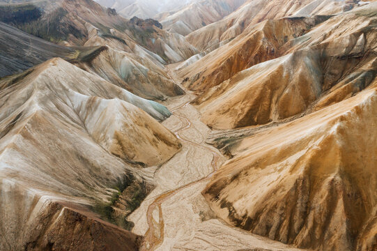 Drone / Aerial footage of Iceland's texture and colorful landscape in Landmannalaugar Iceland