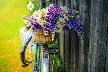 Foto auf Acrylglas Fahrrad bouquet of wild flowers in a basket and on a bicycle