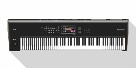 Self-replicating synthesizer for music lessons in vector. Electric piano. Multi-active tool. Black and white keys. Programmable music machine. Music school theme. Device for synthesizing sounds home.