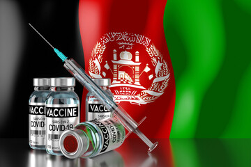 Covid-19, SARS-CoV-2, coronavirus vaccination programme in Afghanistan, four vials and syringe - 3D illustration
