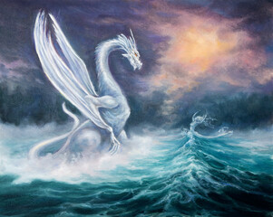 Mighty dragon and the mermaid - obrazy, fototapety, plakaty
