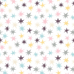 Scandinavian seamless pattern with stars. Cute background with colored shooting stars. Flat style