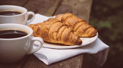 Coffee and croissants on old rustic wooden table