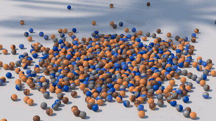 Colorful balls on the floor. Hard light. Abstract illustration, 3d render.