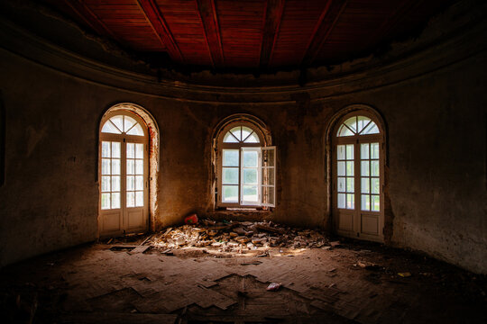Old ruined abandoned historical mansion, inside view