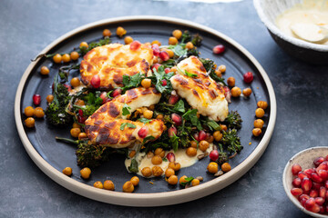 Grilled halloumi cheese with roasted chickpeas, broccollini, tahini sauce and pomegranate