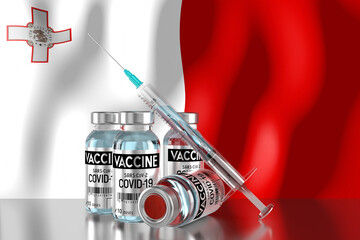 Covid-19, SARS-CoV-2, coronavirus vaccination programme in Malta, four vials and syringe - 3D illustration