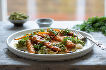 Roast carrots with pesto and white bean puree