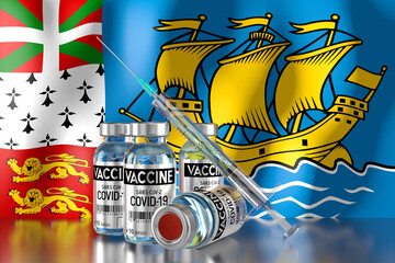 Covid-19, SARS-CoV-2, coronavirus vaccination programme in Saint Pierre and Miquelon, four vials and syringe - 3D illustration