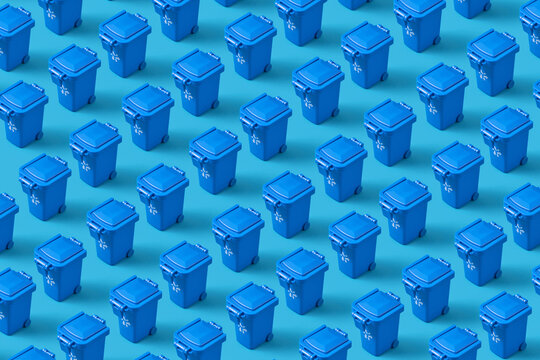 Pattern of small blue garbage bins