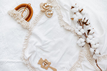 Still life background of cute newborn accessories on white background - 439707294