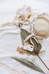 Flat lay with newborn accessories, top view, flat lay