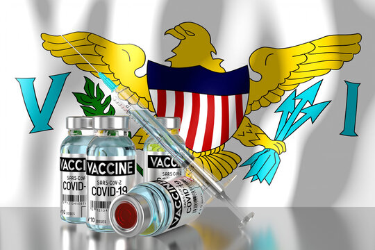 Covid-19, SARS-CoV-2, coronavirus vaccination programme in Virgin Islands, four vials and syringe - 3D illustration