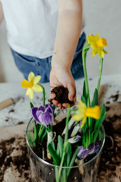 Crop child adding soil into pot with flowers