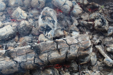background and ash charcoal gray blacks with red stained streaks close-up. The aftermath of the fire. Ashes. bonfire