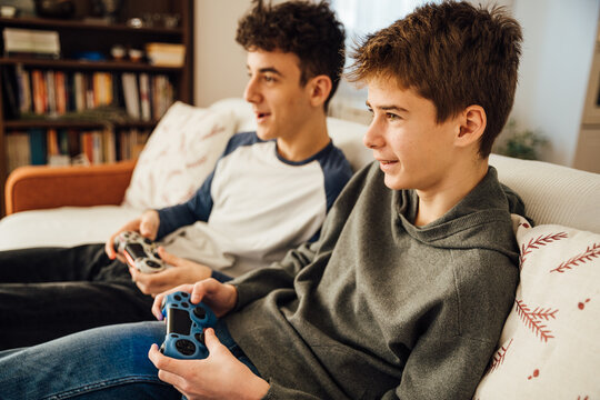 Boys playing video games at home 
