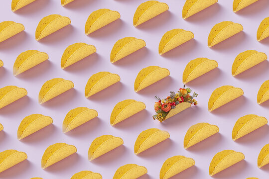 Pattern of empty tacos and one with flowers