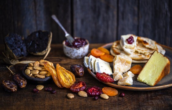 cheese, crackers and dried fruits