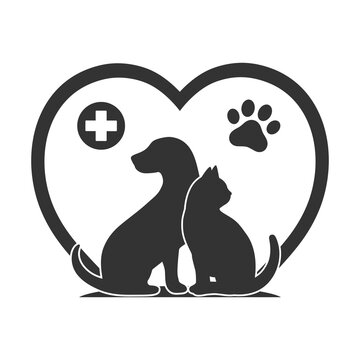 illustration of a dog and a cat on the background of a heart with a paw and a medical cross