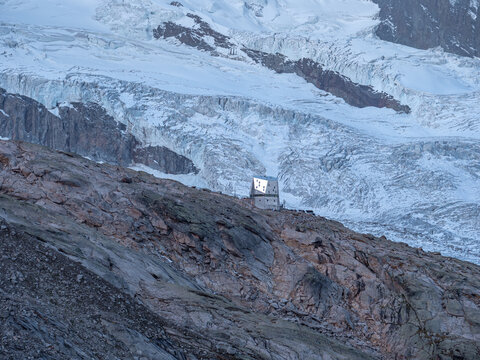 Solitary alpine hut in the alps of Switzerland