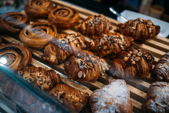 Bakery showcase with fresh pastry