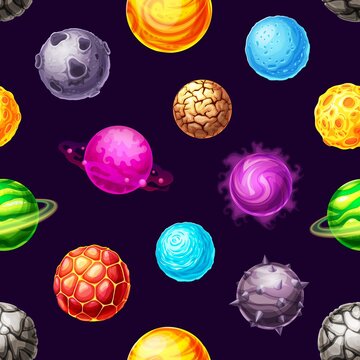 Cartoon galaxy planets and space stars vector seamless pattern. Fantasy universe background of space planets with magic halo, magma, craters and ice, orbit rings, stone horns and cracks on dark sky