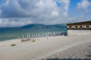 Naklejka premium Maria Pia beach in Alghero (Sardinia, Italy) on a sunny summer morning