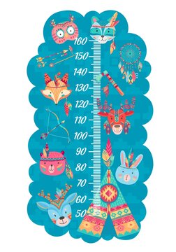 Cartoon kids height chart with funny vector owl, wolf and fox, elk, rabbit, bear and deer indians. Wall meter of growth measure with ruler scale and native american animals, feathers, arrows or teepee