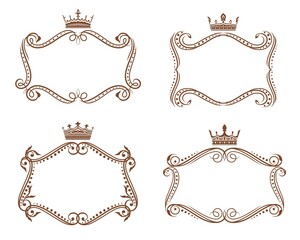 Royal heraldic frames and borders with crowns and floral elements, vector heraldry. Vintage vignettes of brown victorian flourishes, leaf scrolls and vine swirls, topped by crowns with fleur-de-lis
