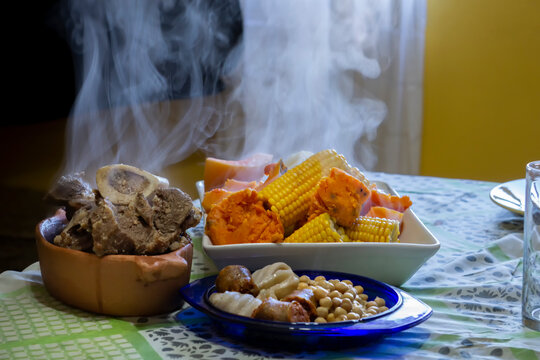 Traditional Argentine food with boiled meat and vegetables (Puchero)