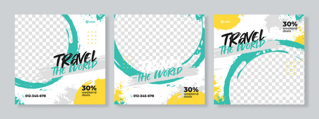 Set of three travel adventure social media pack template premium vector